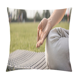 Personality  Cropped View Of Yoga Man Meditating And Showing Gyan Mudra Gesture On Yoga Mat And Green Grass Outdoors, Banner Pillow Covers