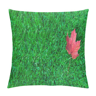 Personality  Autumn Leaf Maple On Green Grass, Red Leaf. Photo Banner, Top View, Space For Text. Pillow Covers