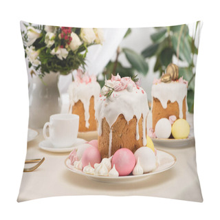 Personality  Selective Focus Of Easter Cakes With Colorful Eggs Near Flowers In Vase On Table Pillow Covers