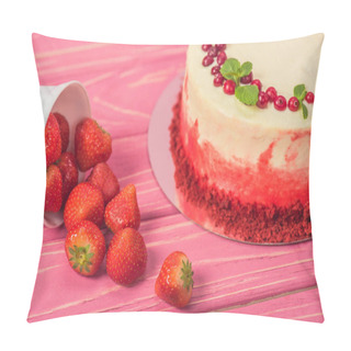 Personality  Close Up Of White Cake Decorated With Currants And Mint Leaves Near Fruits On Pink Wooden Surface Pillow Covers
