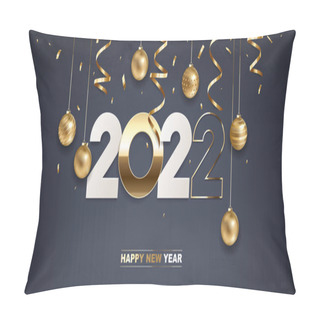 Personality  Happy New Year 2022. White Paper And Golden Numbers With Christmas Decoration And Confetti On Dark Blue Background. Holiday Greeting Card Design. Pillow Covers