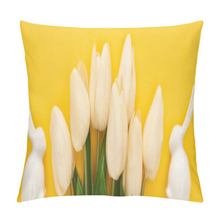 Personality  Top View Of Tulips And White Easter Bunnies On Colorful Yellow Background, Panoramic Shot Pillow Covers
