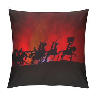 Personality  World War Officer (or Warrior) Rider On Horse With A Sword Ready To Fight And Soldiers On A Dark Foggy Toned Background. Battle Scene Battlefield Of Fighting Soldiers. Selective Focus Pillow Covers