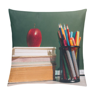 Personality  Ripe Apple On Books And Pen Holder With Color Pencils And Felt Pens On Desk Near Green Chalkboard Pillow Covers