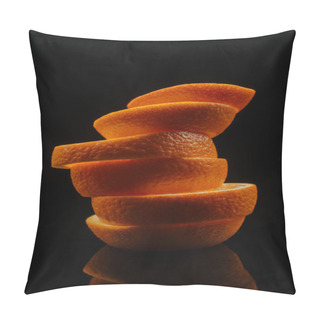 Personality  Close-up Shot Of Stacked Slices Of Ripe Orange Isolated On Black Pillow Covers
