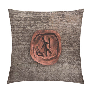 Personality  Top View Of Clay Talisman With Symbol On Wooden Background Pillow Covers