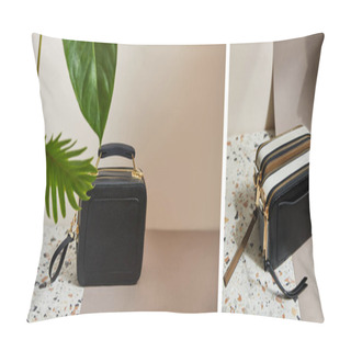 Personality  Collage Of Leather Handbags On Marble Surface On Beige Background With Tropical Green Leaves Pillow Covers