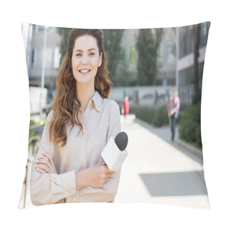 Personality  Attractive Cheerful Female Journalist Holding Microphone  Pillow Covers