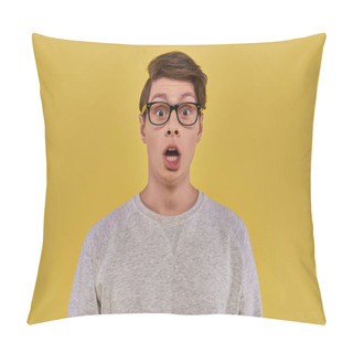 Personality  Surprised Young Man In Casual Comfortable Attire And Glasses Looking At Camera With Open Mouth Pillow Covers