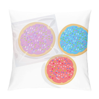 Personality  Frosted Sugar Cookies, Set Italian Freshly Baked Cookies In Transparent Plastic Package With Pink Violet Blue Frosting And Colorful Sprinkles. Bright Colors On White Background. Vector Illustration Pillow Covers
