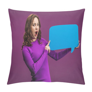 Personality  Shocked Woman Holding Speech Bubble On Purple Background Pillow Covers
