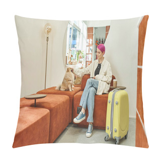 Personality  Smiling Woman With Smartphone Stroking Pomeranian Spitz Near Suitcase In Cozy Lounge Of Pet Hotel Pillow Covers