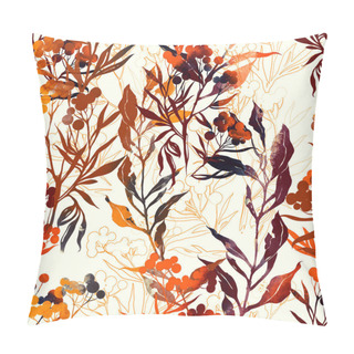 Personality  Digital Hand Drawn Mix Repeat Seamless Pattern With Imprints Autumn Plants: Leaves, Seeds, Meadow Flowers  Pillow Covers