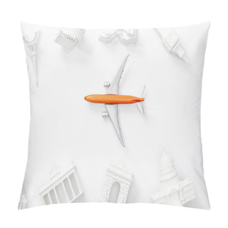 Personality  Top View Of Small Plane Near Statuettes From Different Countries Of Europe Isolated On White  Pillow Covers