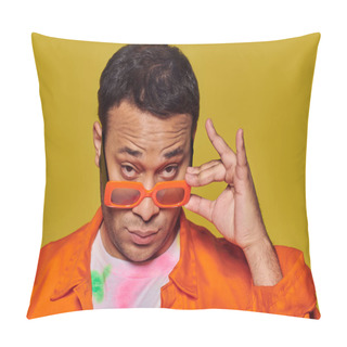 Personality  Self-expression Concept, Confident Indian Man Adjusting Orange Sunglasses On Yellow Backdrop Pillow Covers