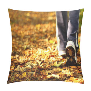 Personality  Woman Walking Cross Country Trail In Autumn Forest Pillow Covers