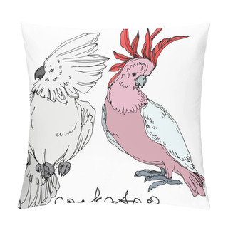 Personality  Vector Sky Bird Cockatoo In A Wildlife. Black And White Engraved Ink Art. Isolated Parrot Illustration Element. Pillow Covers