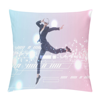 Personality  Businesswoman In Virtual Reality Headset Levitating On Blue And Pink Gradient Background With Cyberspace Illustration Pillow Covers