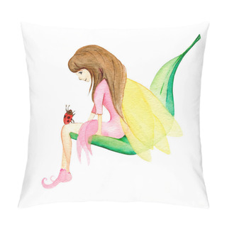Personality  Cute Fairy Girl In A Pink Dress With Ladybug. Hand Drawn Watercolor Illustration Pillow Covers