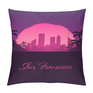 Personality  Vintage Poster With Old Car. Sunset At The California. Palms And City Landscape. Vector Illustration. Pillow Covers