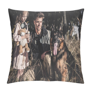 Personality  Handsome Man Touching German Shepherd Dog Near Kid With Teddy Bear, Post Apocalyptic Concept Pillow Covers
