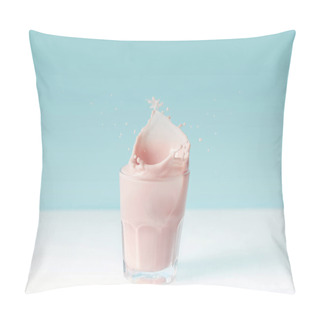 Personality  Splashing Drops Of Strawberry Milkshake From Glass On Blue Background  Pillow Covers
