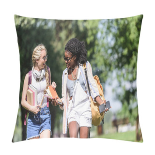 Personality  Multiethnic Students Walking In Park Pillow Covers