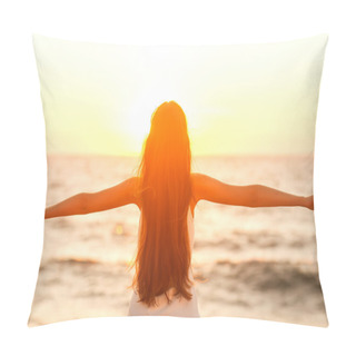 Personality  Free Woman Enjoying Freedom Feeling Happy At Beach At Sunset. Pillow Covers