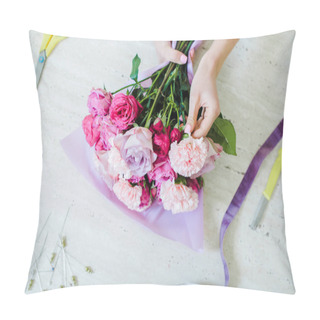 Personality  Partial View Of Female Florist Arranging Bouquet With Pink Roses And Carnations Pillow Covers