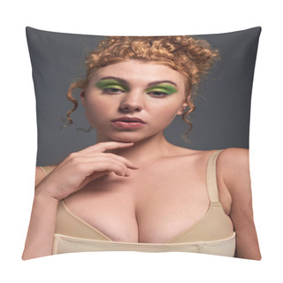 Personality  Headshot Of Thoughtful Red Haired And Curvy Woman In Beige Lingerie Touching Chin On Dark Grey Pillow Covers