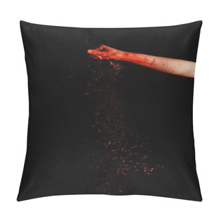 Personality  Female Hand With Red Colorful Holi Paint Powder On Black Background Pillow Covers