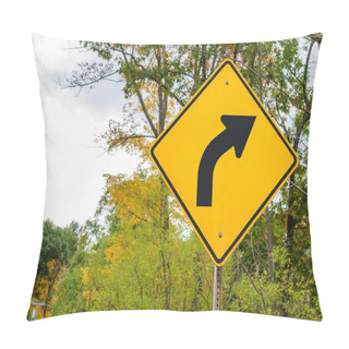 Personality  Yellow Traffic Sign Warning Agaist A Dangerous Curve Ahead On A Cloudy Autumn Day. Pillow Covers