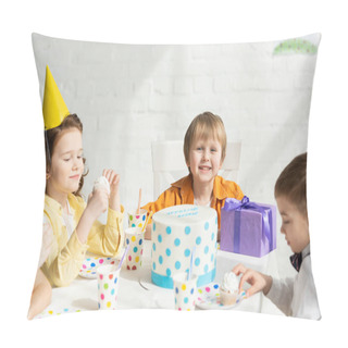 Personality  Adorable Kids Sitting At Table With Cake During Birthday Party Celebration Pillow Covers