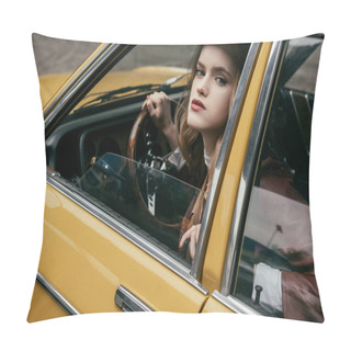 Personality  Attractive Young Woman Looking At Camera While Sitting In Yellow Car Pillow Covers