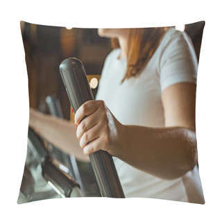 Personality  Cropped View Of Overweight Girl Working Out On Stepper In Gym Pillow Covers