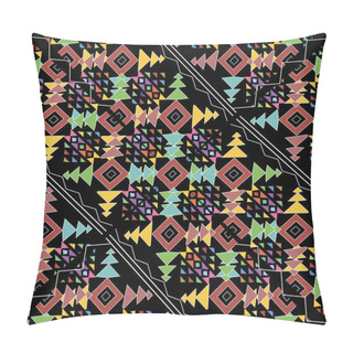 Personality  Ethnic Tribal Style Colorful Geometric Vector Seamless Pattern.  Abstract Ornamental Geometrical Background. Native Colorful Ornament With Geometry Shapes, Triangles, Squares, Zigzag, Stripes, Lines.  Pillow Covers