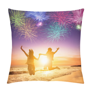 Personality  Young Couple Jumping On The Beach With Fireworks Background Pillow Covers