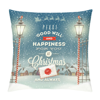 Personality  Christmas Greeting Type Design With Vintage Street Lantern Against A Evening Rural Winter Landscape - Holidays Vector Illustration Pillow Covers