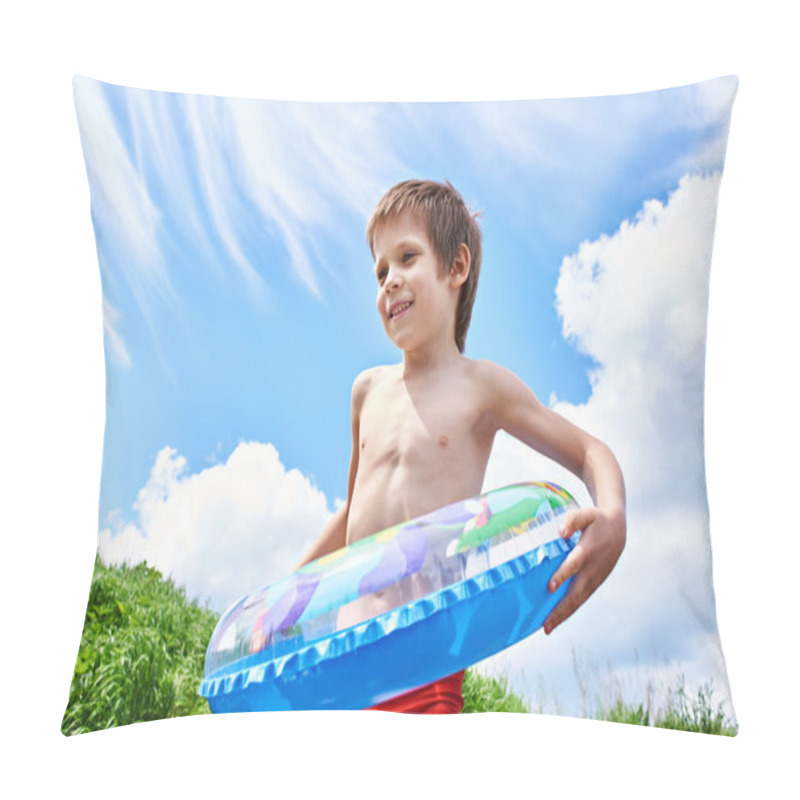 Personality  Happy boy with toy lifebuoy for swimming in summer day pillow covers