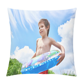 Personality  Happy Boy With Toy Lifebuoy For Swimming In Summer Day Pillow Covers