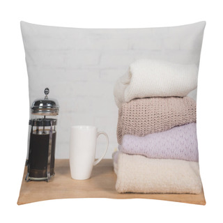 Personality  Cup And Teapot Near Knitted Sweaters On Table On Brick Wall Background Pillow Covers