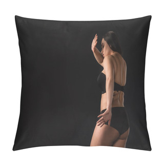 Personality  Plus Size Girl Hiding Her Body And Showing Stop Gesture Isolated On Black Pillow Covers