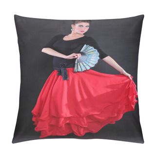 Personality  Attractive Spanish Young Woman Dancing Flamenco Over Black Backg Pillow Covers