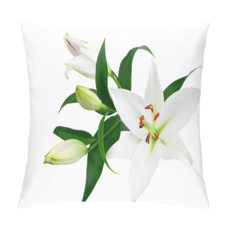 Personality  White Lily Flowers And Buds With Green Leaves On White Background Isolated Close Up, Lilies Bunch, Elegant Bouquet, Lillies Floral Pattern, Romantic Holiday Greeting Card, Wedding Invitation Design Pillow Covers