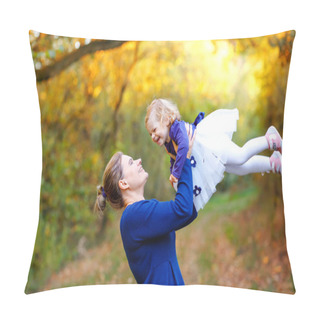 Personality  Happy Young Mother Having Fun Cute Toddler Daughter, Family Portrait Together. Woman With Beautiful Baby Girl In Nature And Forest. Mum With Little Child Outdoors, Hugging. Love, Bonding. Pillow Covers