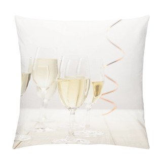 Personality  Closeup View Of Champagne Glasses With Ribbon On White Wooden Table, Holiday Concept  Pillow Covers