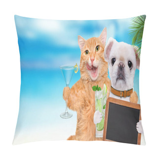 Personality  Cat And Dog Relaxing In The Sea Background.  Pillow Covers
