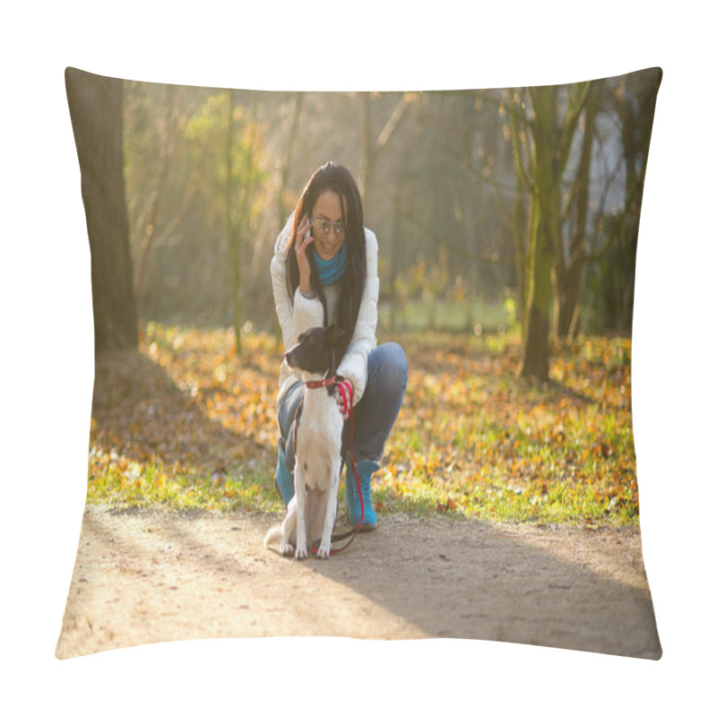 Personality  Young Woman Walking With Her Dog In Autumn Park. Pillow Covers