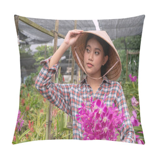 Personality  The Gardener Arranges The Orchid Garden Holding The Hat. And Holding Orchids In The Orchid Garden Pillow Covers