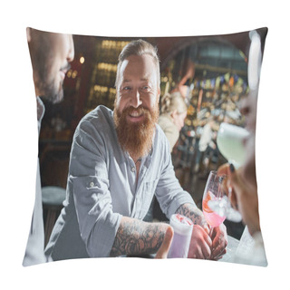 Personality  Tattooed Bearded Man With Cocktail Glass Smiling Near Multiethnic Colleagues In Bar, Party Time Pillow Covers